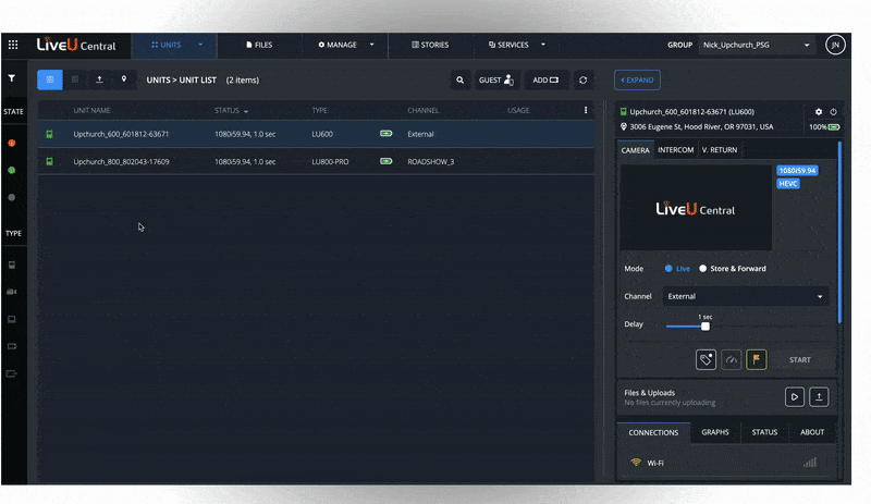 Preview of the LiveU Video Return Portal showing multiple live feeds.