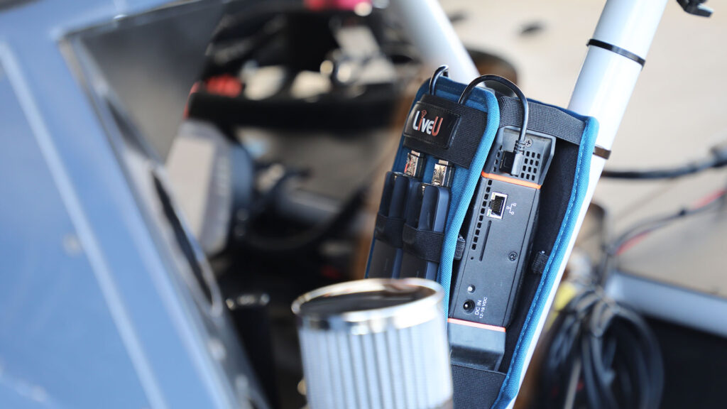 LiveU encoder and Cellular Bonded 4G modem equipped Trans Am Racing car